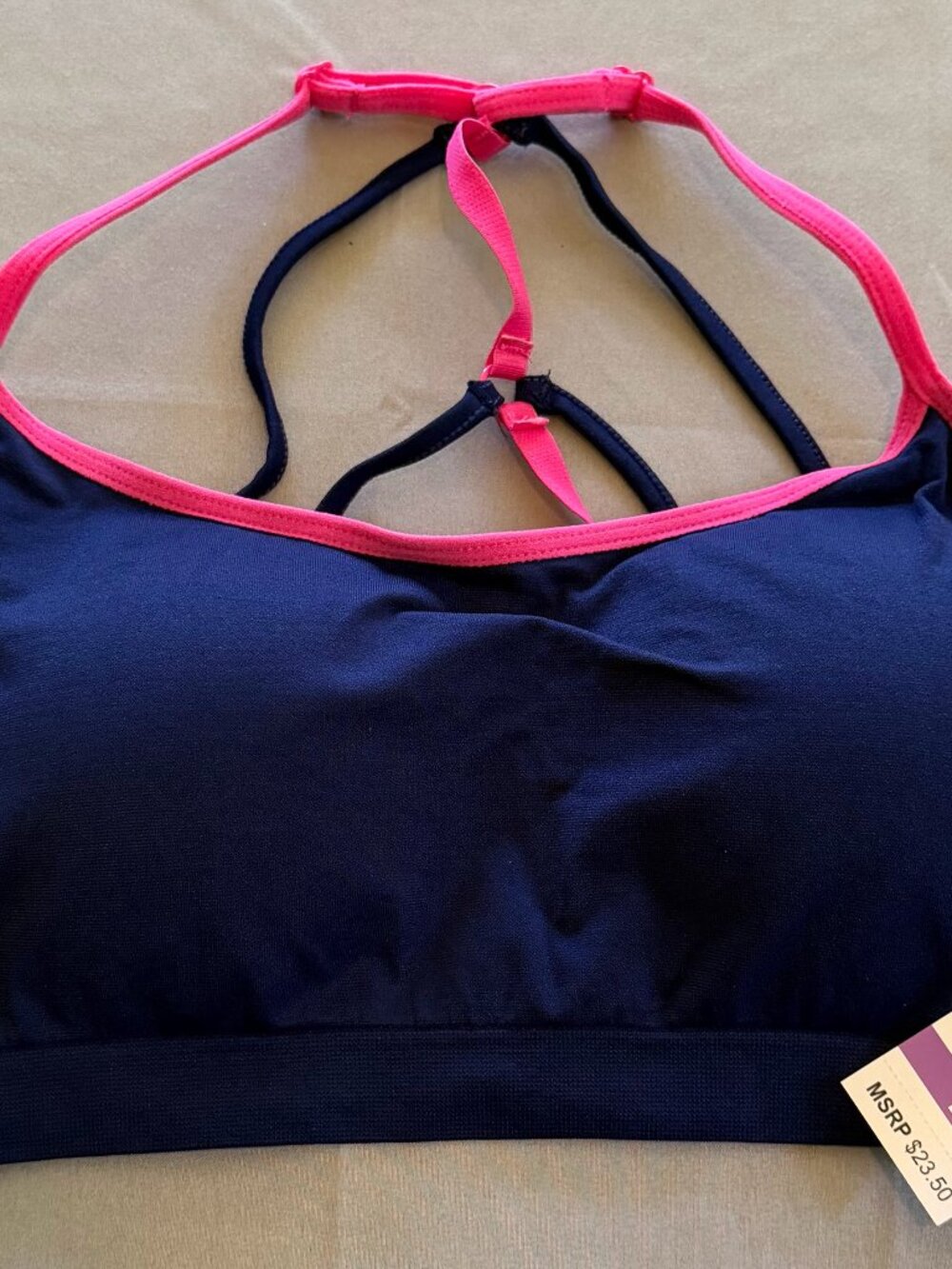 Shoactive Woman’s Strappy Sports Bra NWT Size Large Navy Blue With Pink Accents
